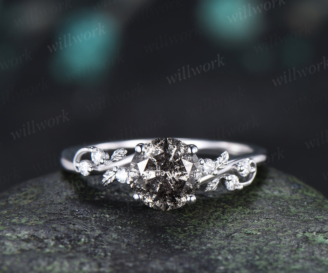 Natural Round Salt & Pepper Diamond Ring Set Leaf Vine Diamond Accent Promise Ring Curved Band Nature Inspired Bridal Set