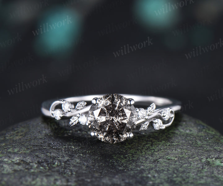 Natural Round Salt & Pepper Diamond Ring Set Leaf Vine Diamond Accent Promise Ring Curved Band Nature Inspired Bridal Set