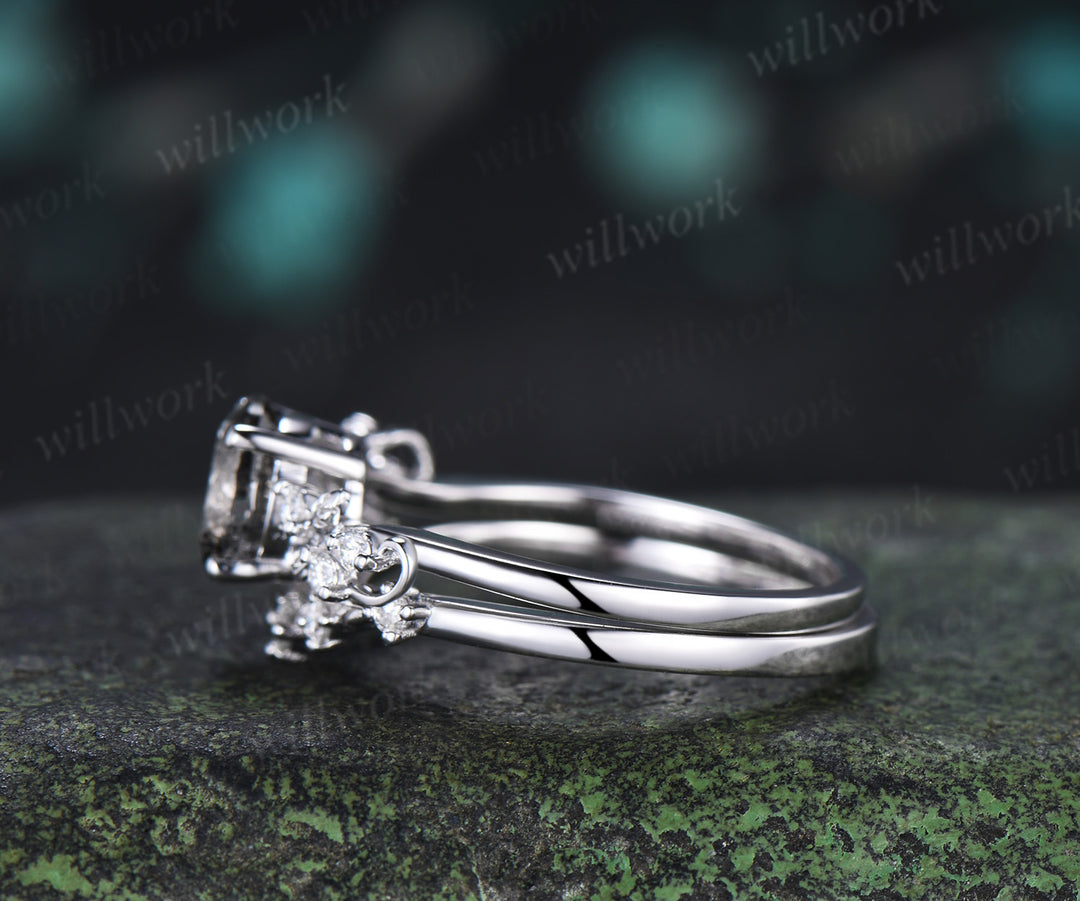 Natural Round Salt & Pepper Diamond Ring Set Leaf Vine Diamond Accent Promise Ring Curved Band Nature Inspired Bridal Set