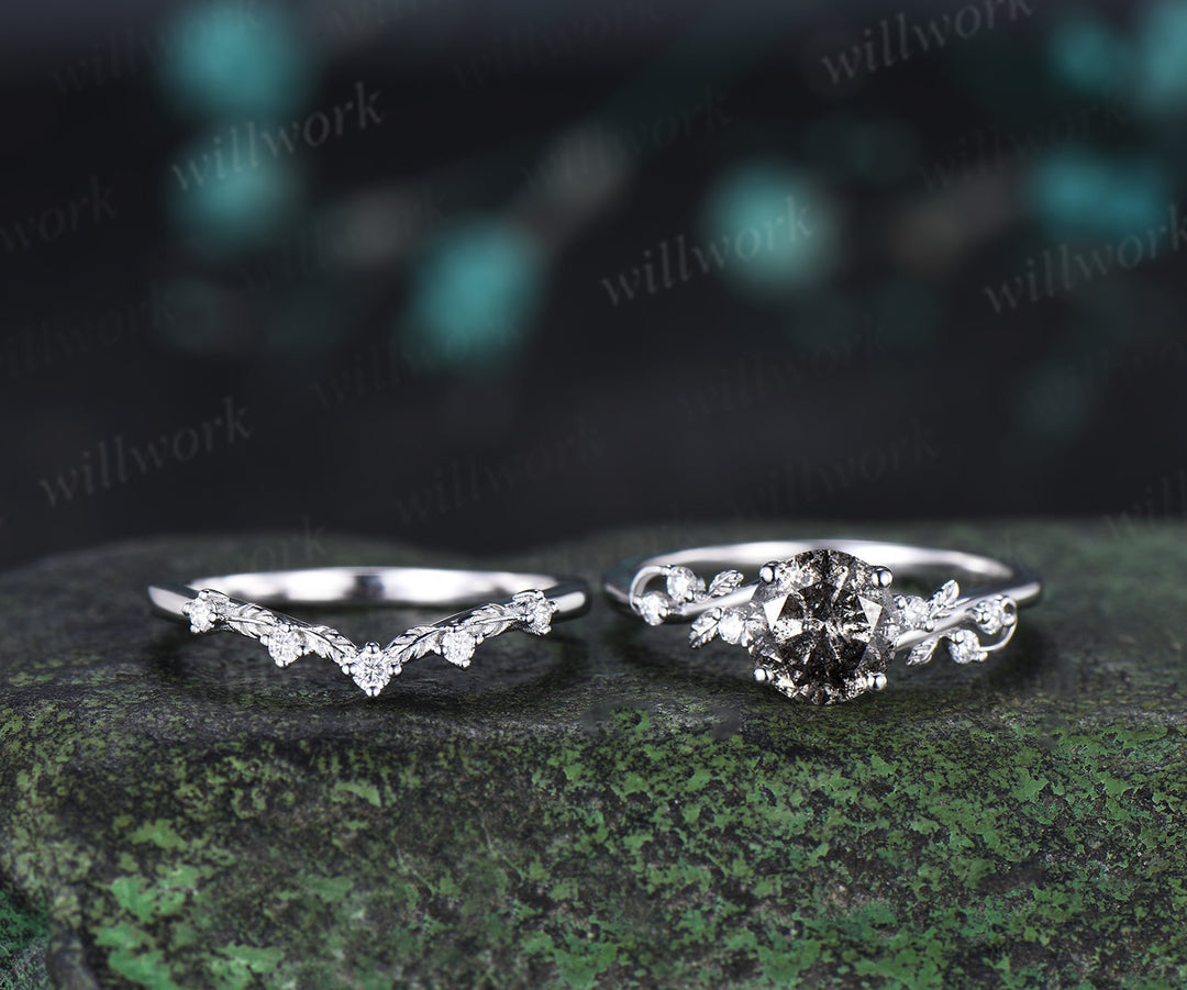 Natural Round Salt & Pepper Diamond Ring Set Leaf Vine Diamond Accent Promise Ring Curved Band Nature Inspired Bridal Set