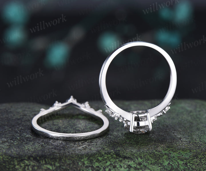 Natural Round Salt & Pepper Diamond Ring Set Leaf Vine Diamond Accent Promise Ring Curved Band Nature Inspired Bridal Set
