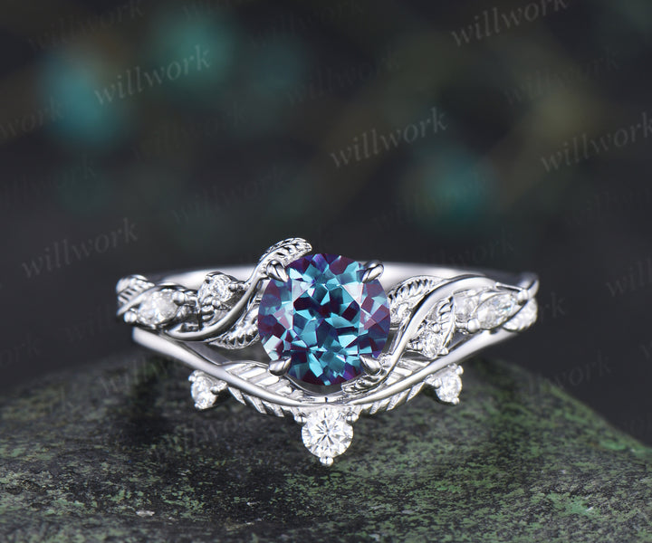 1ct round cut alexandrite engagement ring set twig leaf moissanite accent ring nature inspired bridal set