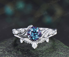 1ct round cut alexandrite engagement ring set twig leaf moissanite accent ring nature inspired bridal set