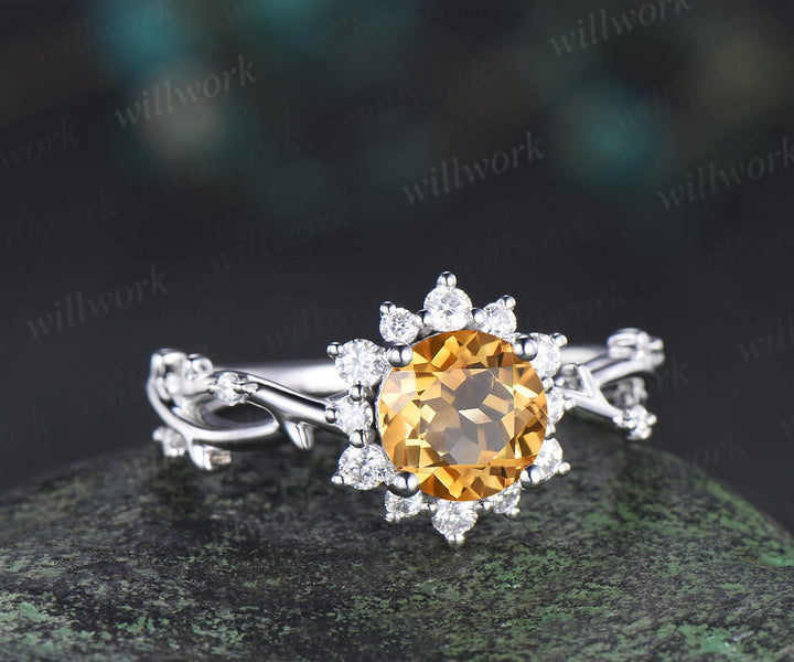 6.5mm round cut yellow citrine ring diamond halo twig infinity engagement ring nature inspired jewelry gifts for women