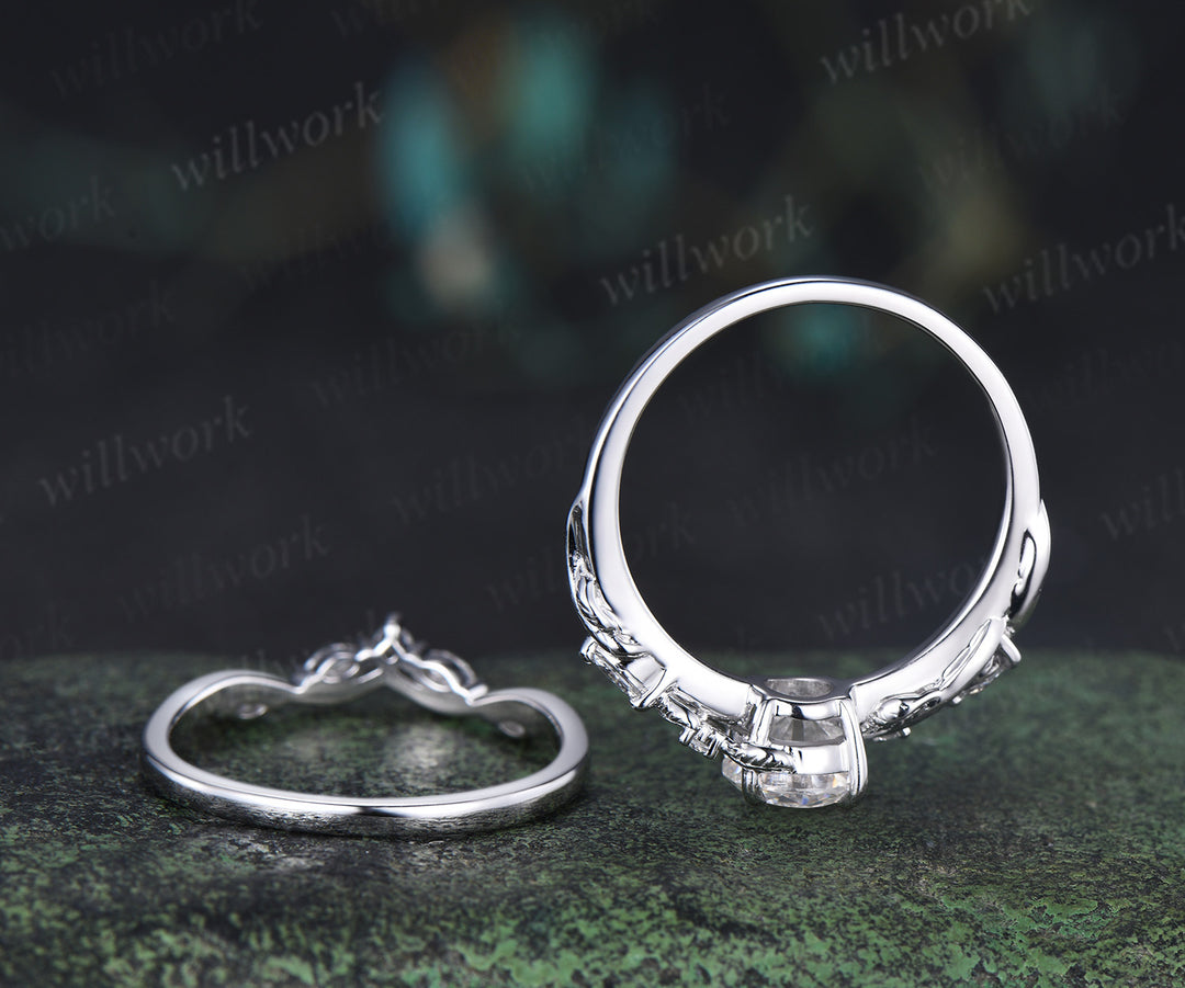 6.5mm Lab grown diamond engagement ring set nature inspired leaf vine ring unique diamond bridal set