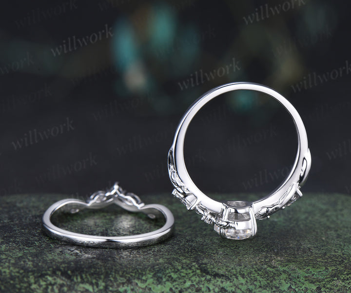 6.5mm Lab grown diamond engagement ring set nature inspired leaf vine ring unique diamond bridal set