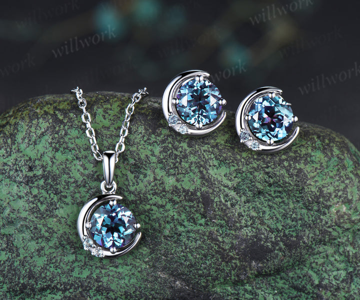 Round cut alexandrite necklace earring set alexandrite cluster unique moon pendant stud earrings jewelry gift