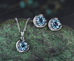 Round cut alexandrite necklace earring set alexandrite cluster unique moon pendant stud earrings jewelry gift
