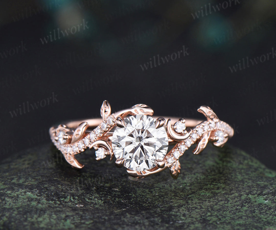 6.5mm round cut IGI Lab grown diamond engagement ring solid 14k 18k rose gold art deco moon leaf vine bridal set gifts for her