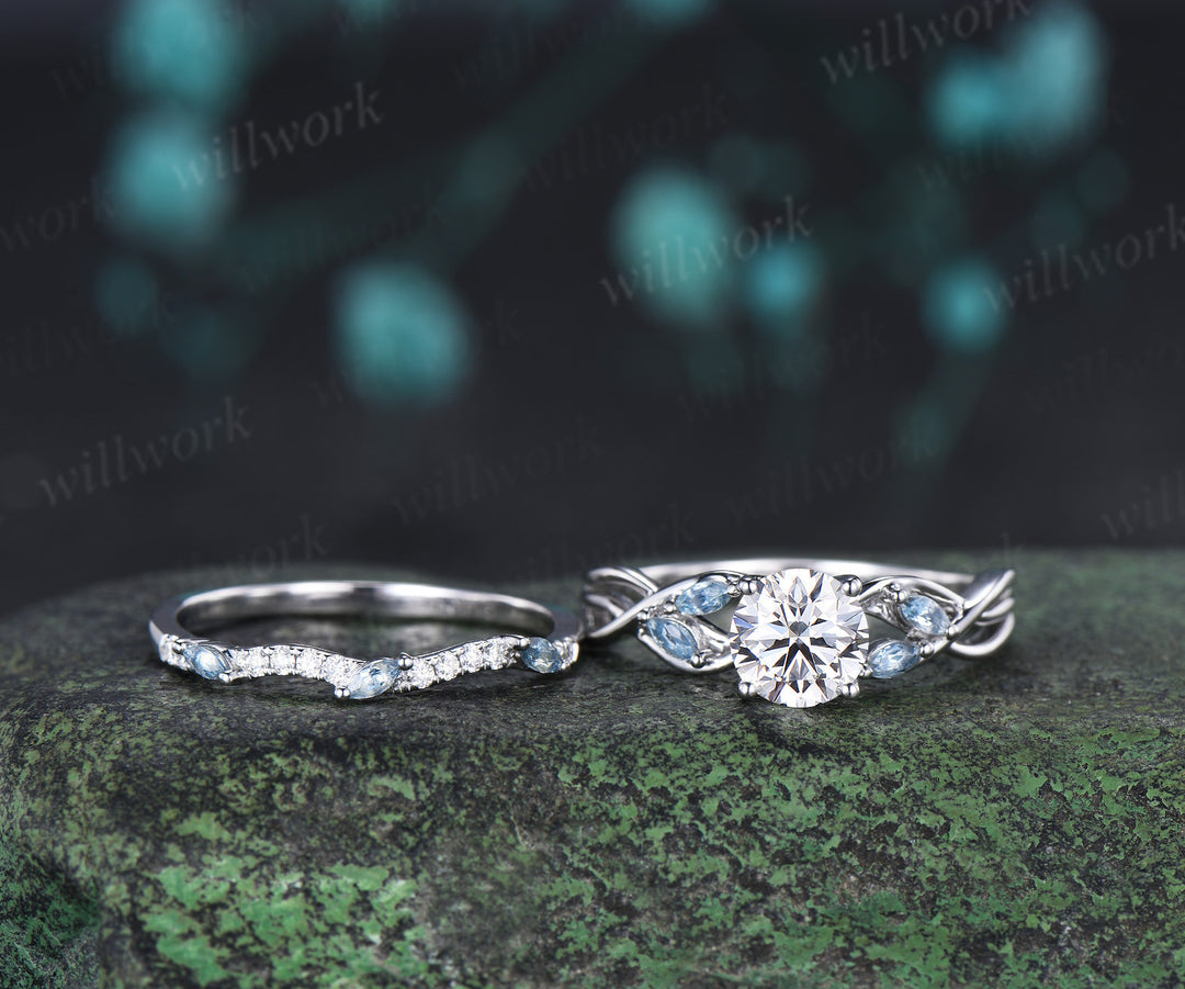 Round lab grown diamond engagement ring marquise aquamarine split shank twisted promise ring wave matching band bridal set