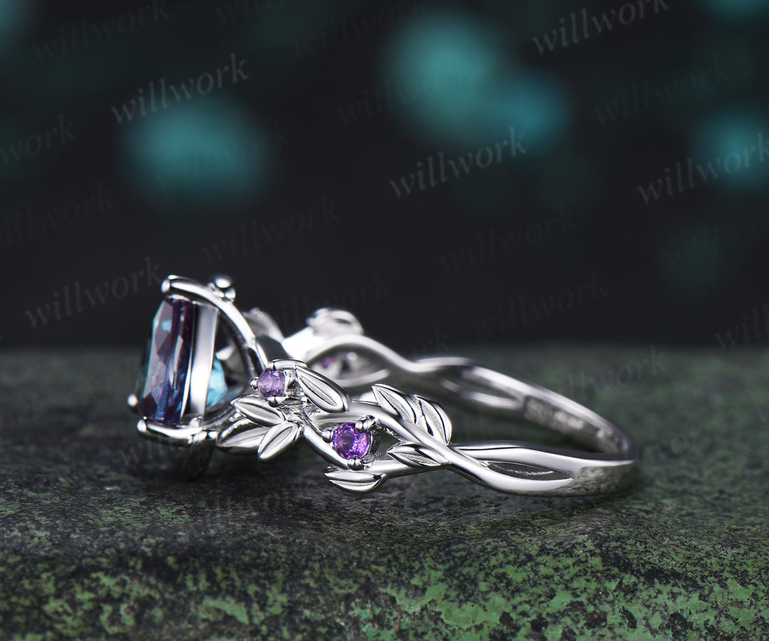 Unique trillion cut alexandrite engagement ring star leaf twig amethyst accent promise ring wedding ring for her