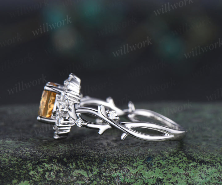 6.5mm round cut yellow citrine ring diamond halo twig infinity engagement ring nature inspired jewelry gifts for women