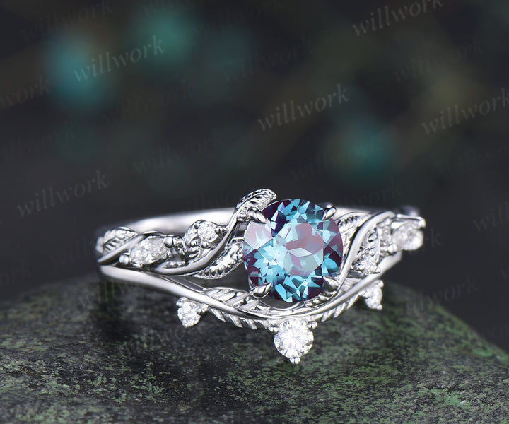 1ct round cut alexandrite engagement ring set twig leaf moissanite accent ring nature inspired bridal set