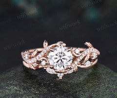 6.5mm round cut IGI Lab grown diamond engagement ring solid 14k 18k rose gold art deco moon leaf vine bridal set gifts for her