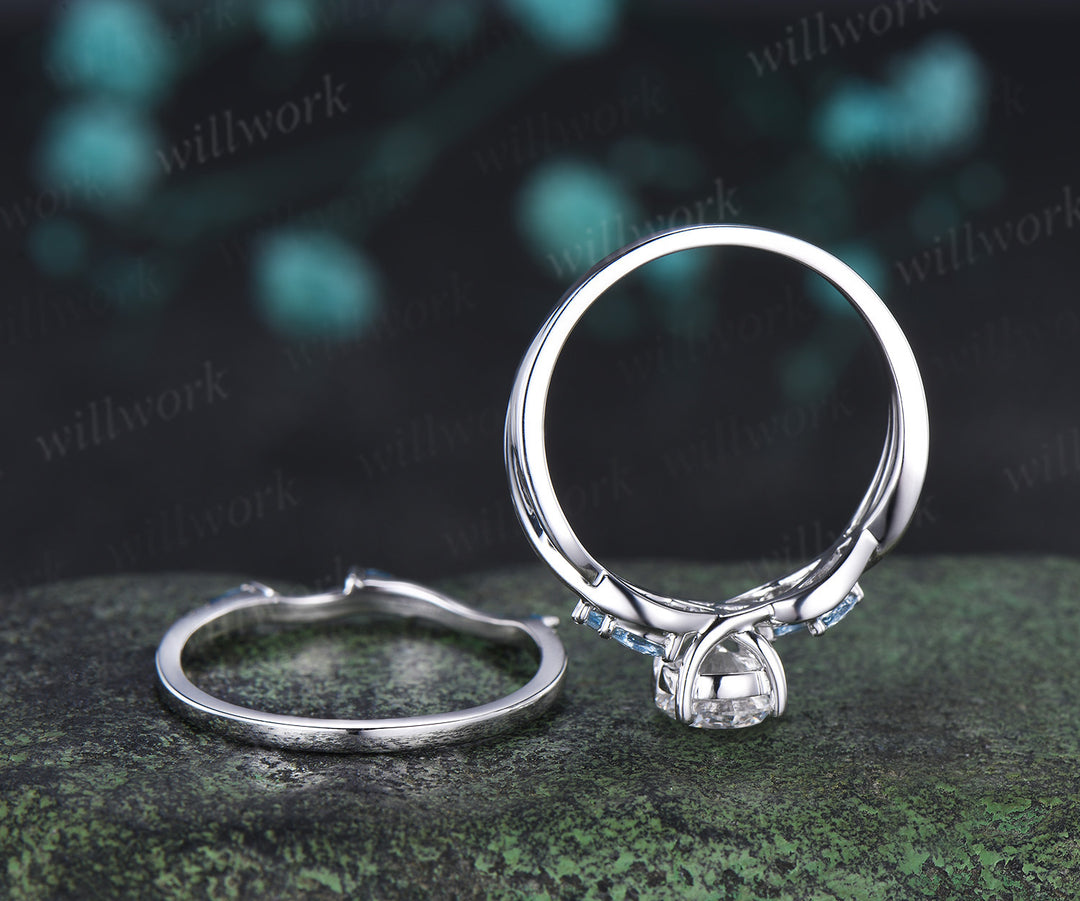 Round lab grown diamond engagement ring marquise aquamarine split shank twisted promise ring wave matching band bridal set