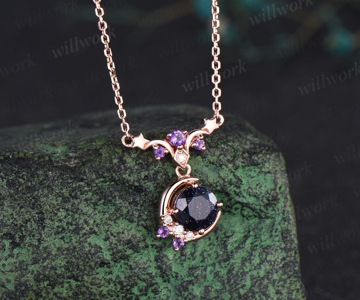 Round blue sandstone moon stars necklace amethyst moissanite cluster nebula celestial pendant jewelry gift for her