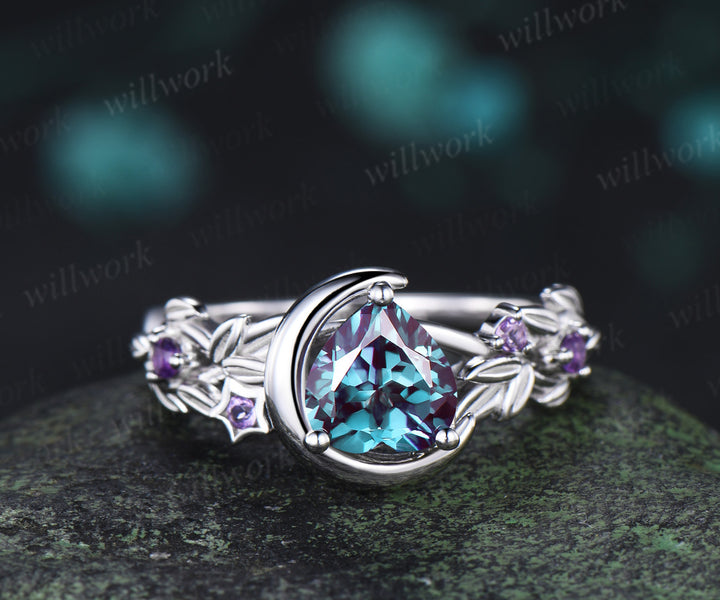 Unique trillion cut alexandrite engagement ring star leaf twig amethyst accent promise ring wedding ring for her