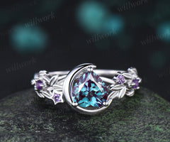 Unique trillion cut alexandrite engagement ring star leaf twig amethyst accent promise ring wedding ring for her