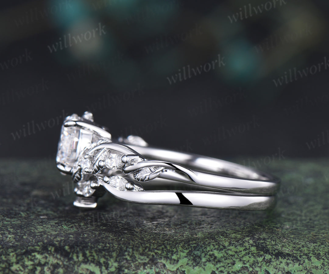 6.5mm Lab grown diamond engagement ring set nature inspired leaf vine ring unique diamond bridal set