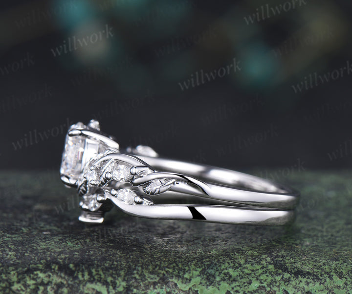 6.5mm Lab grown diamond engagement ring set nature inspired leaf vine ring unique diamond bridal set