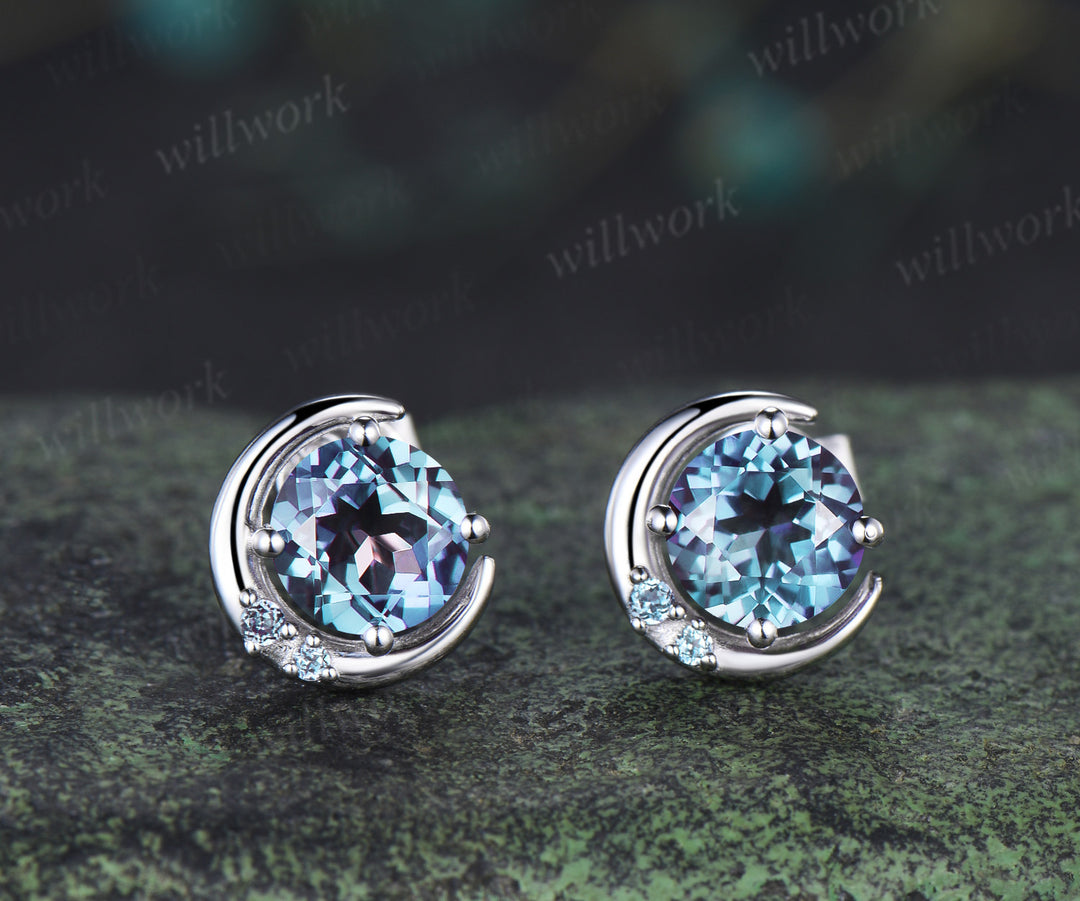 Round cut alexandrite necklace earring set alexandrite cluster unique moon pendant stud earrings jewelry gift
