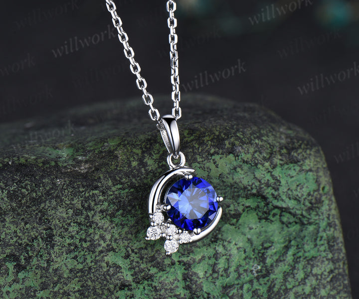Vintage round sapphire necklace white gold diamonds cluster moon snowdrift pendant women gifts for her