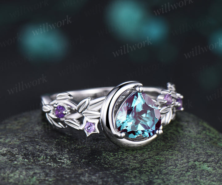 Unique trillion cut alexandrite engagement ring star leaf twig amethyst accent promise ring wedding ring for her