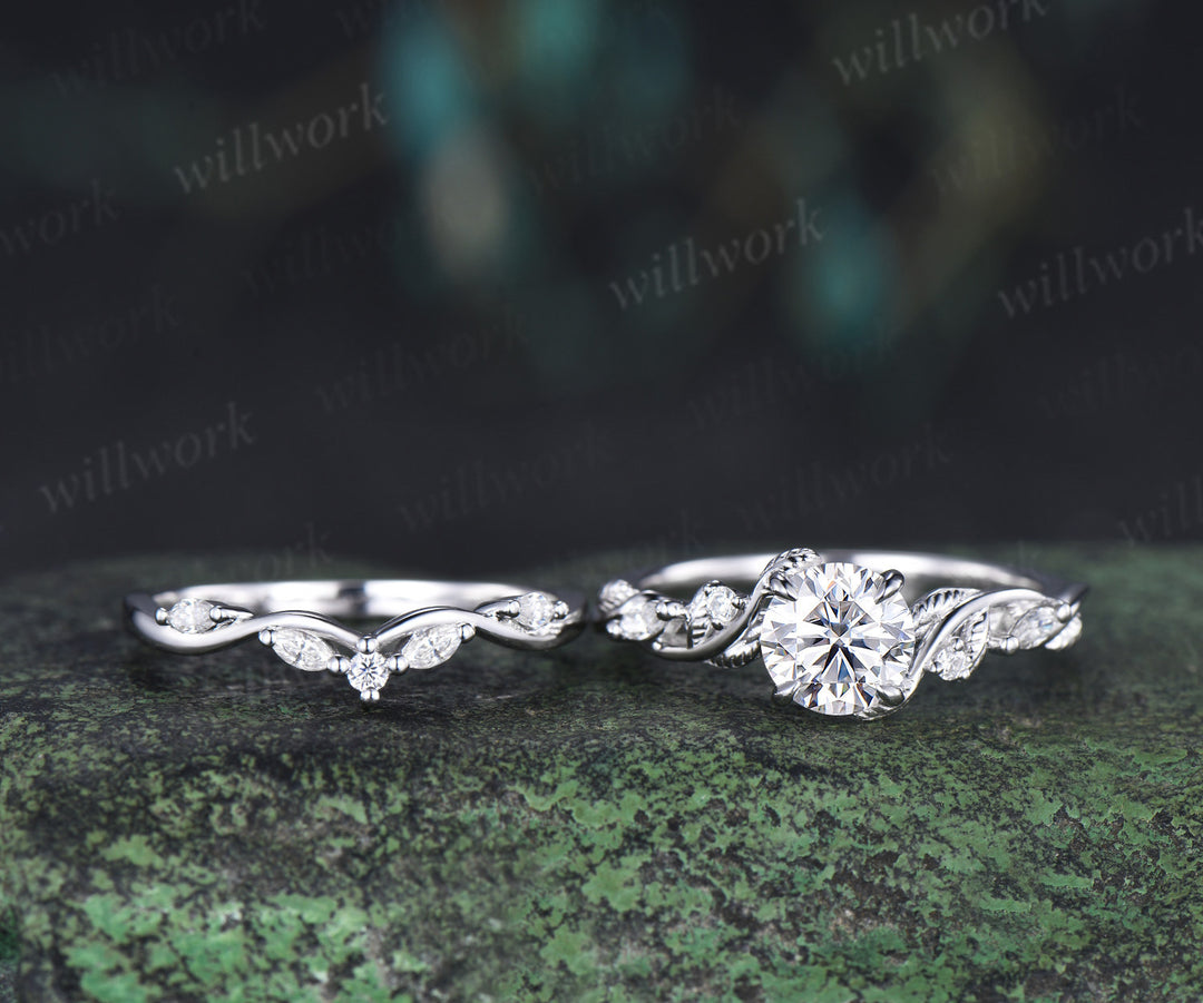 6.5mm Lab grown diamond engagement ring set nature inspired leaf vine ring unique diamond bridal set