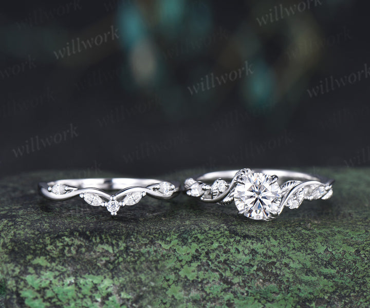 6.5mm Lab grown diamond engagement ring set nature inspired leaf vine ring unique diamond bridal set