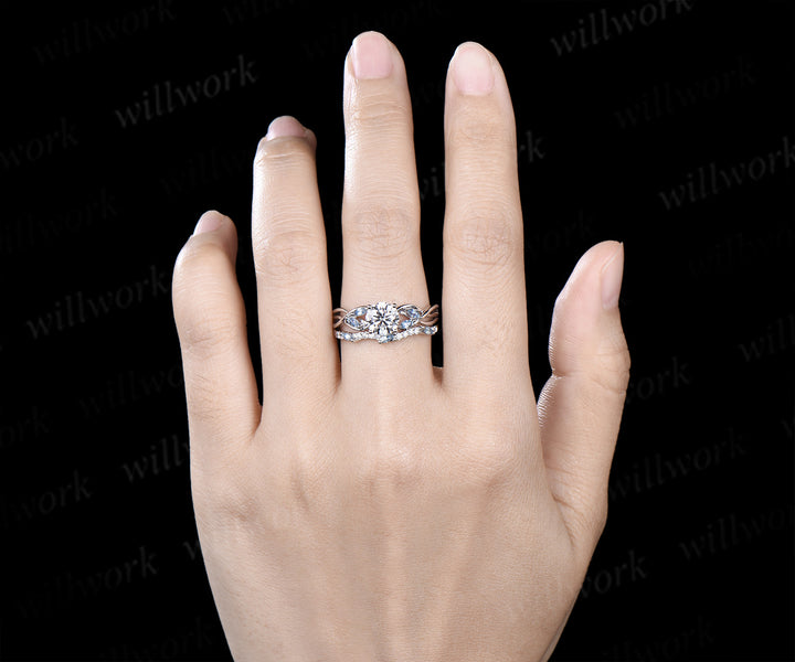 Round lab grown diamond engagement ring marquise aquamarine split shank twisted promise ring wave matching band bridal set