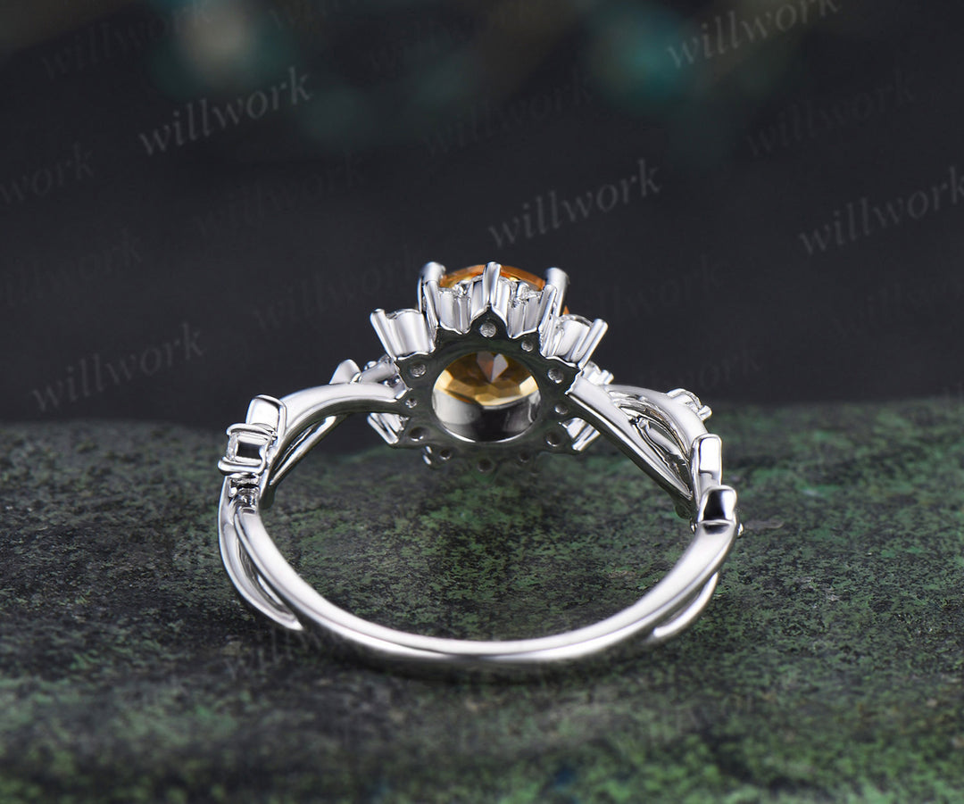 6.5mm round cut yellow citrine ring diamond halo twig infinity engagement ring nature inspired jewelry gifts for women