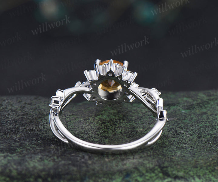6.5mm round cut yellow citrine ring diamond halo twig infinity engagement ring nature inspired jewelry gifts for women