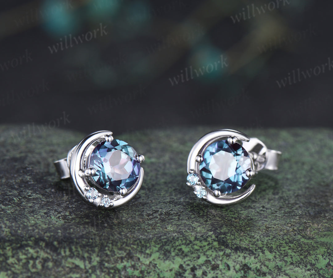 Round cut alexandrite necklace earring set alexandrite cluster unique moon pendant stud earrings jewelry gift