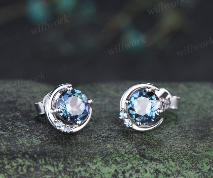 Round cut alexandrite necklace earring set alexandrite cluster unique moon pendant stud earrings jewelry gift
