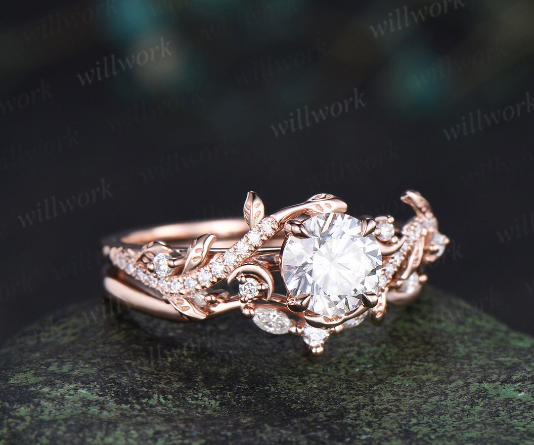6.5mm round cut IGI Lab grown diamond engagement ring solid 14k 18k rose gold art deco moon leaf vine bridal set gifts for her