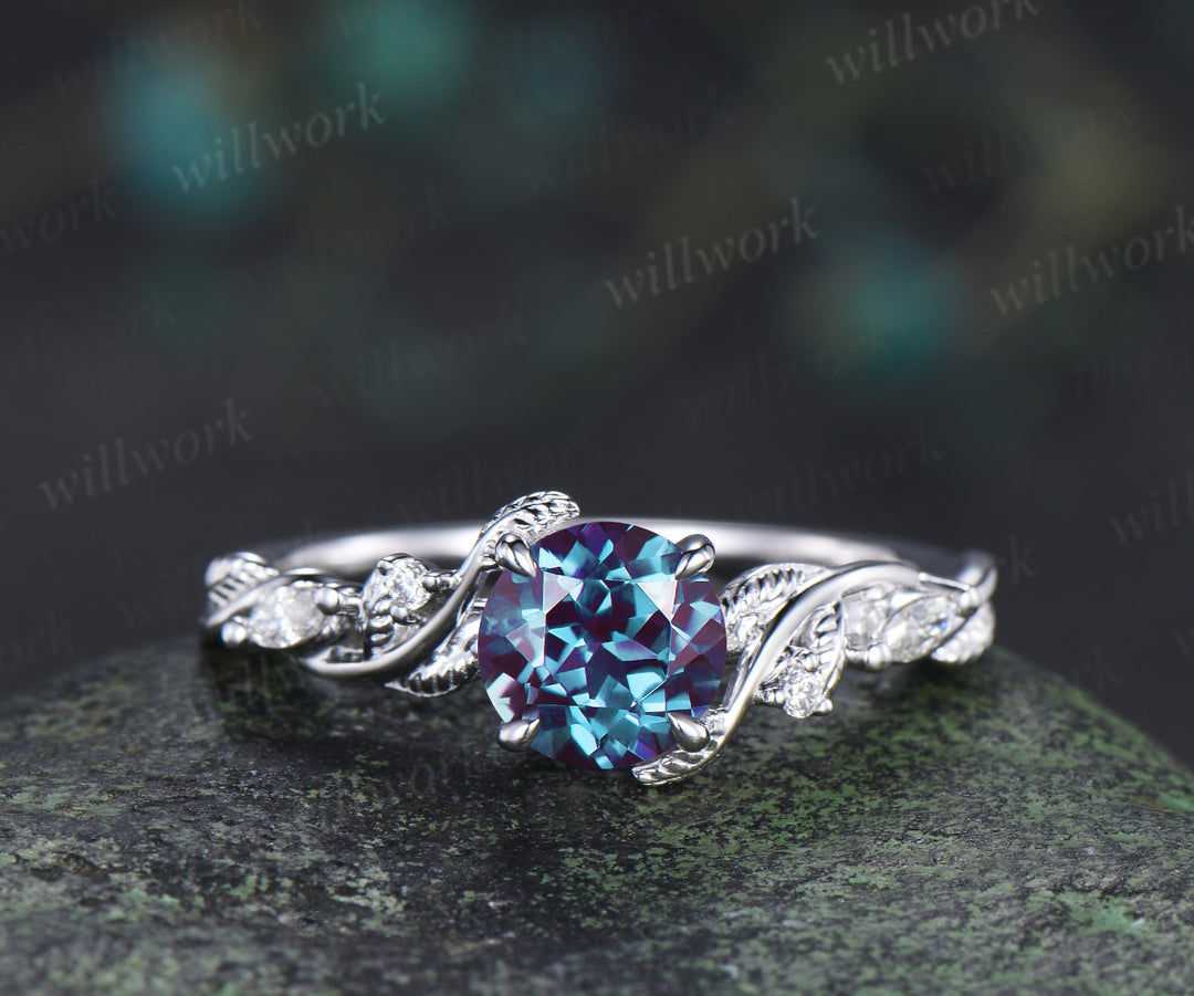1ct round cut alexandrite engagement ring set twig leaf moissanite accent ring nature inspired bridal set