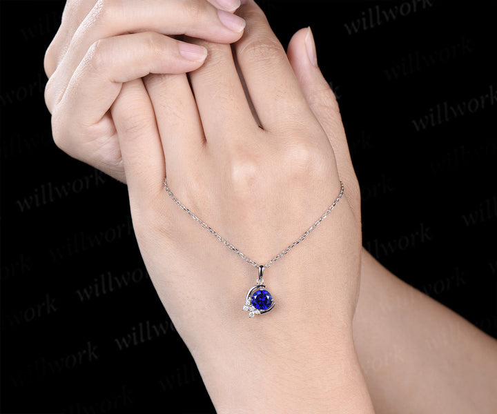 Vintage round sapphire necklace white gold diamonds cluster moon snowdrift pendant women gifts for her