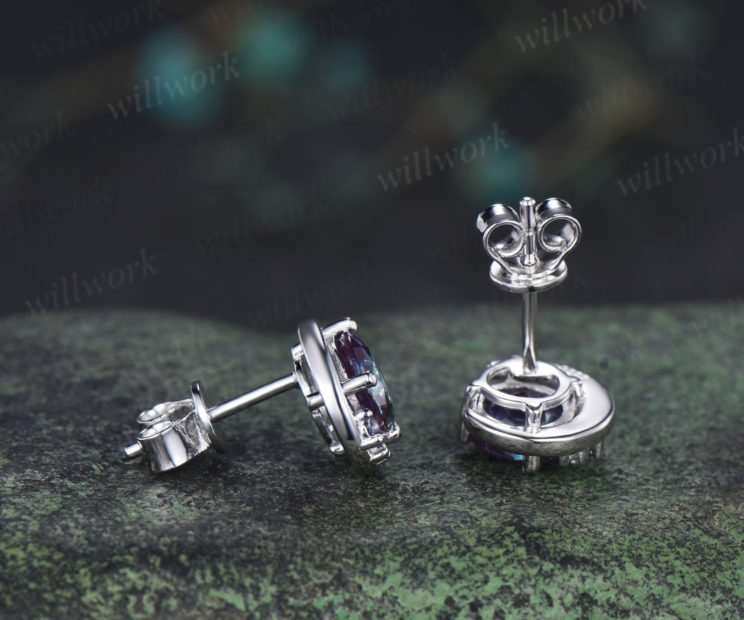 Round cut alexandrite necklace earring set alexandrite cluster unique moon pendant stud earrings jewelry gift