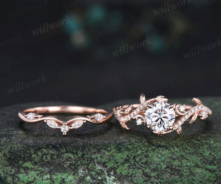6.5mm round cut IGI Lab grown diamond engagement ring solid 14k 18k rose gold art deco moon leaf vine bridal set gifts for her