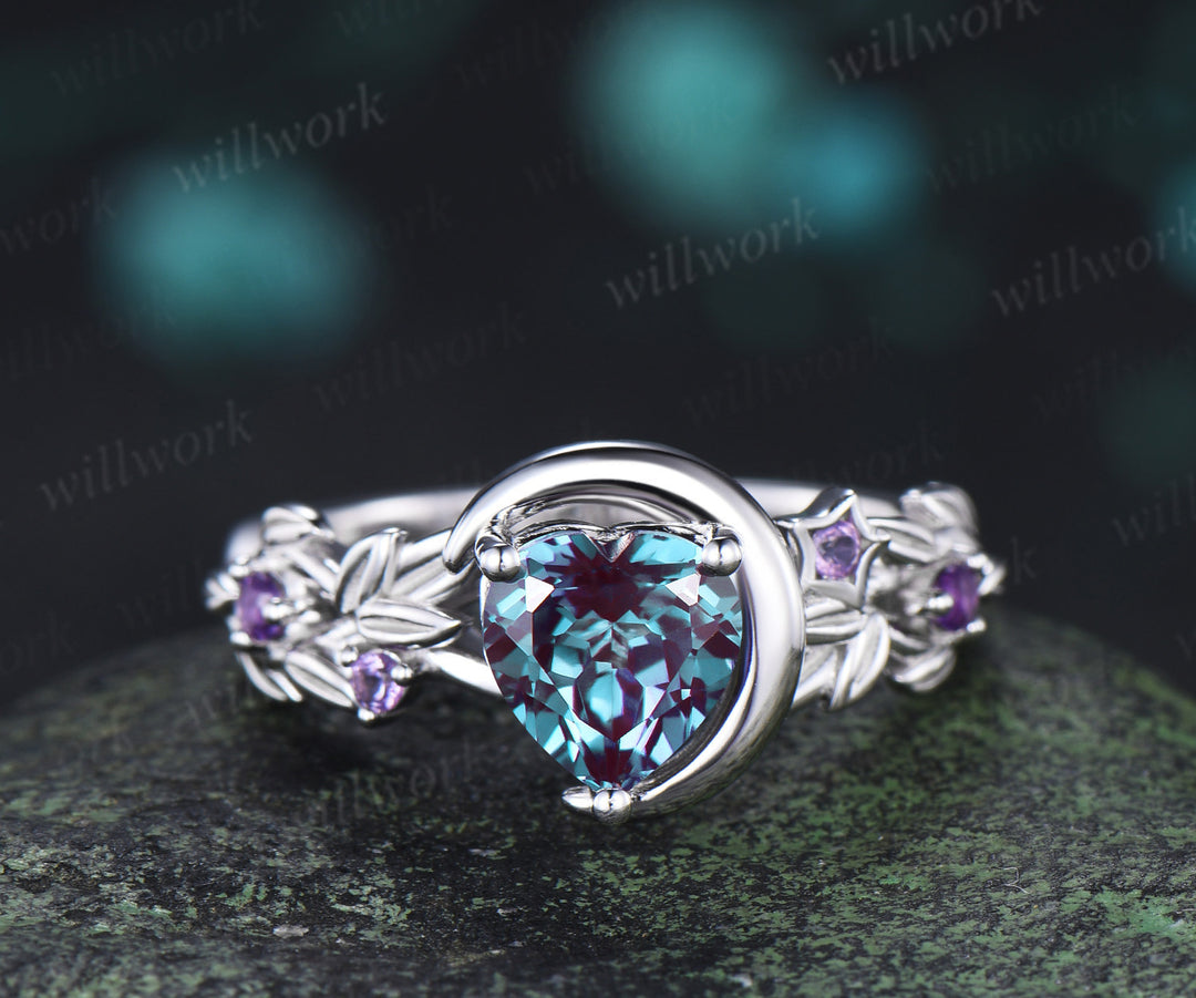 Unique trillion cut alexandrite engagement ring star leaf twig amethyst accent promise ring wedding ring for her