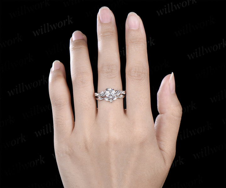 6.5mm Lab grown diamond engagement ring set nature inspired leaf vine ring unique diamond bridal set