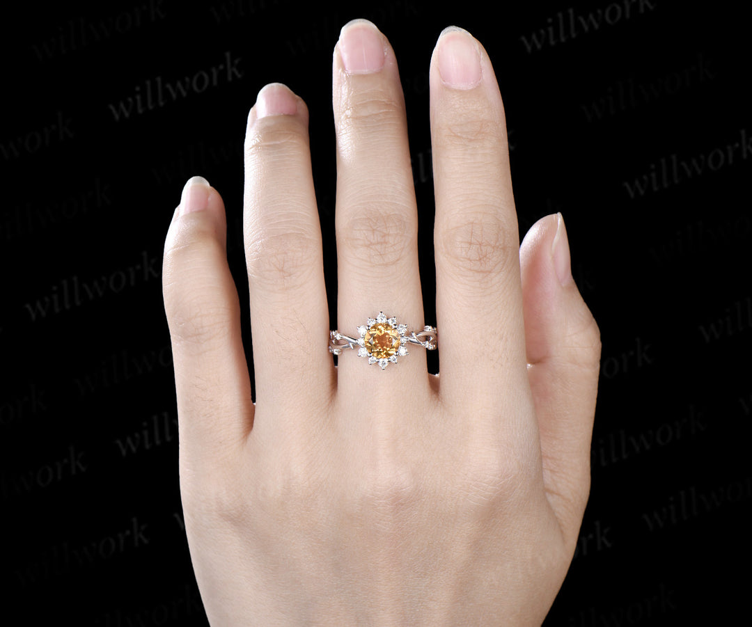 6.5mm round cut yellow citrine ring diamond halo twig infinity engagement ring nature inspired jewelry gifts for women
