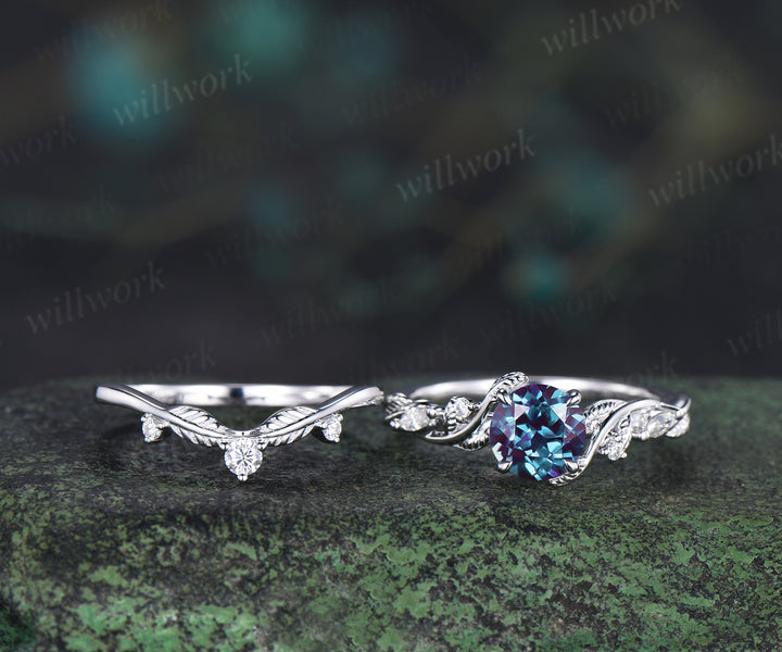 1ct round cut alexandrite engagement ring set twig leaf moissanite accent ring nature inspired bridal set