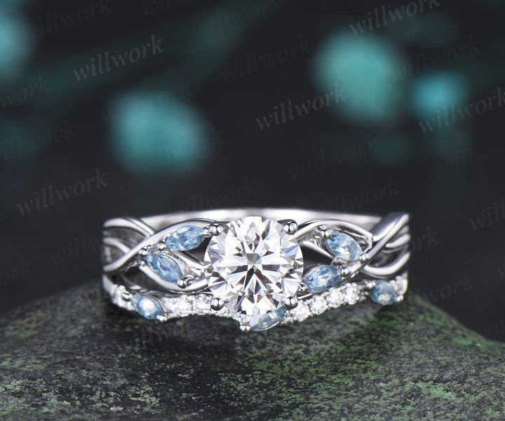 Round lab grown diamond engagement ring marquise aquamarine split shank twisted promise ring wave matching band bridal set