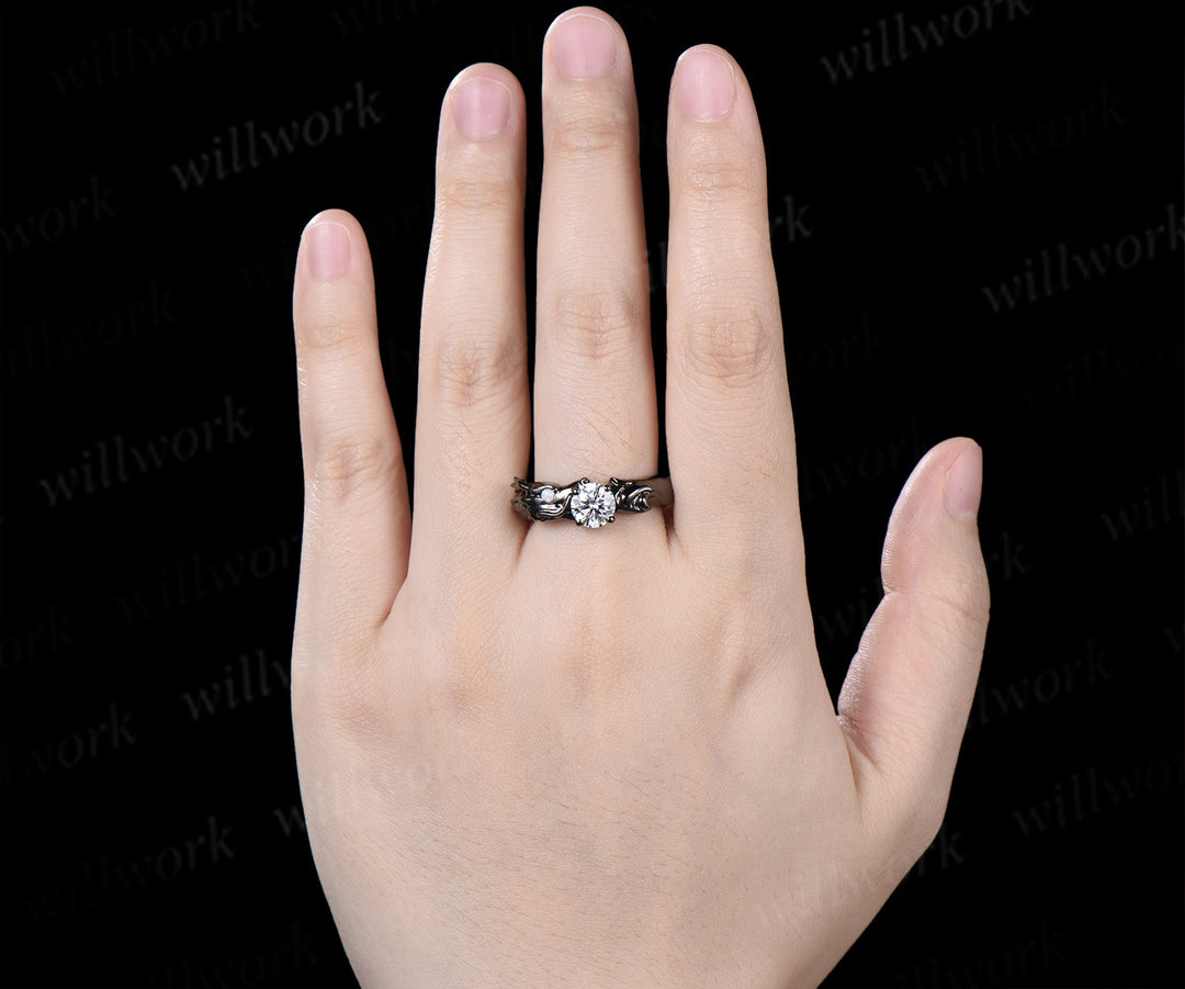 Dragon Inspired Round Moissanite Engagement Ring Black Dragon Opal Accent Fantasy Promise Ring