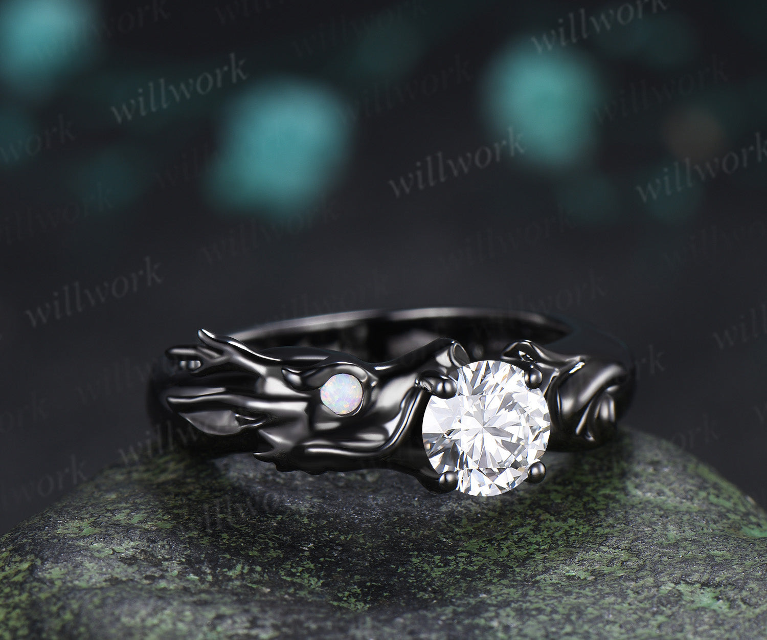 Dragon Moissanite & Fox Citrine Couple Ring Set Fantasy Animal