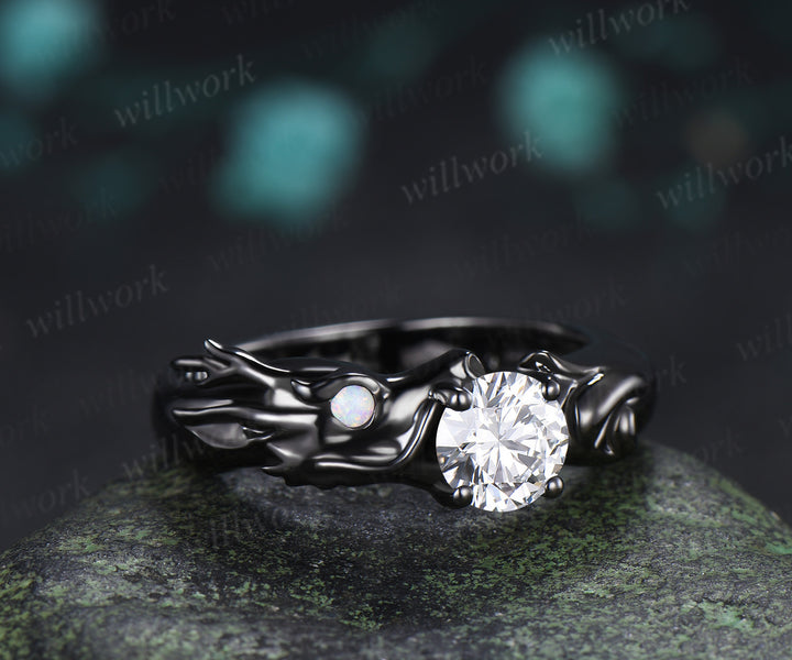 Dragon Moissanite & Fox Citrine Couple Ring Set Fantasy Animal Engagement Rings Unique Promise Wedding Ring