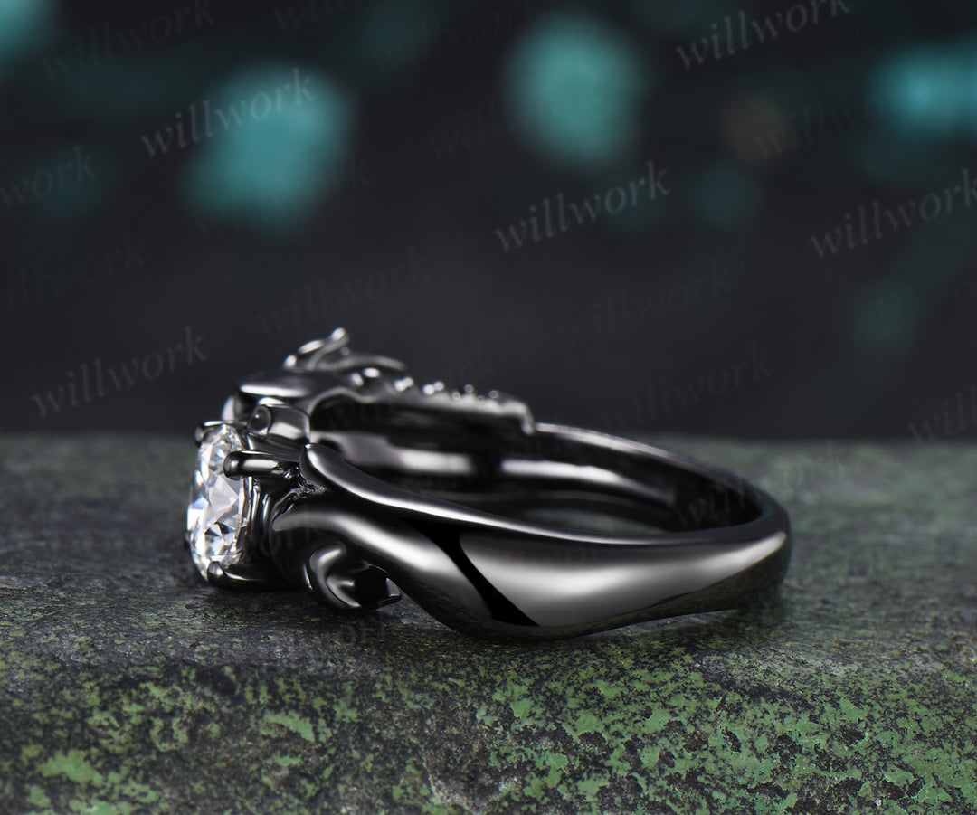 Dragon Inspired Round Moissanite Engagement Ring Black Dragon Opal Accent Fantasy Promise Ring