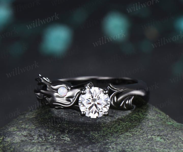 Dragon Inspired Round Moissanite Engagement Ring Black Dragon Opal Accent Fantasy Promise Ring