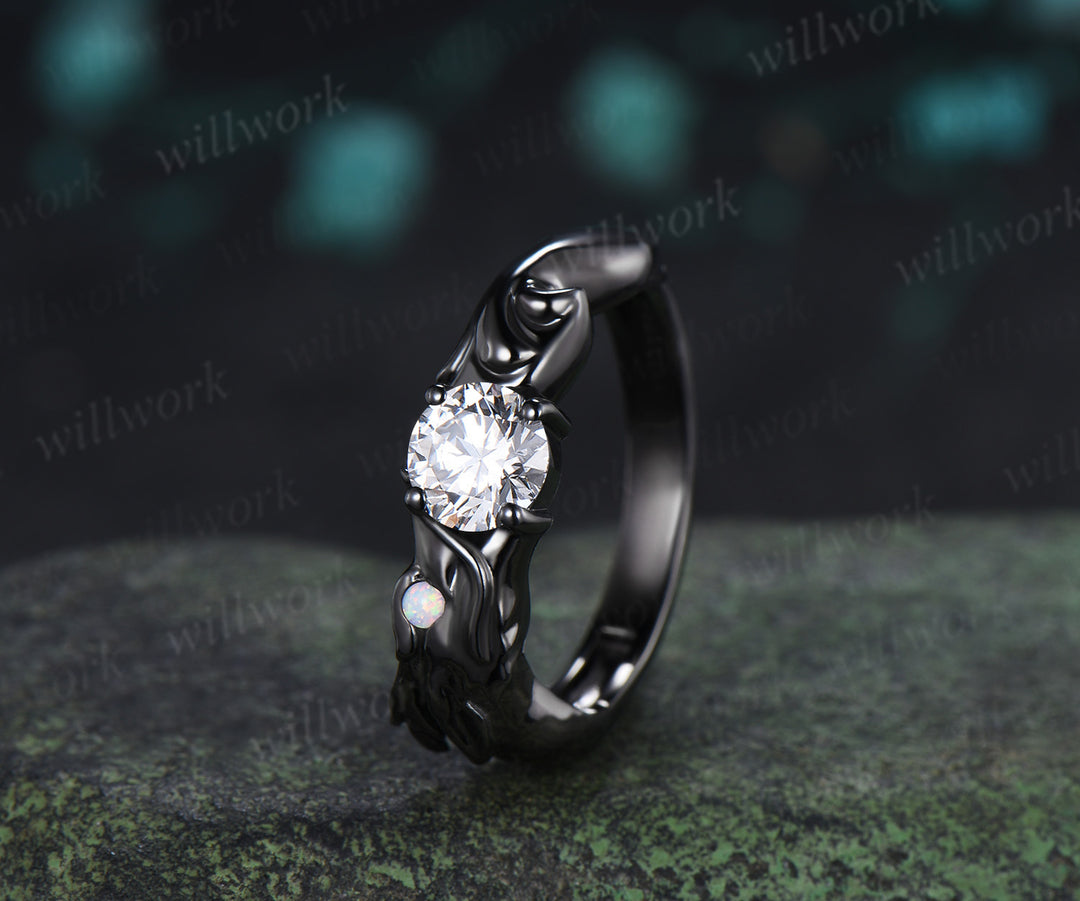 Dragon Inspired Round Moissanite Engagement Ring Black Dragon Opal Accent Fantasy Promise Ring